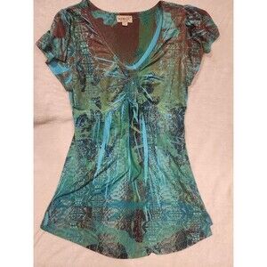One World Green Blue Brown Top Blouse Tye Die Womens Medium M